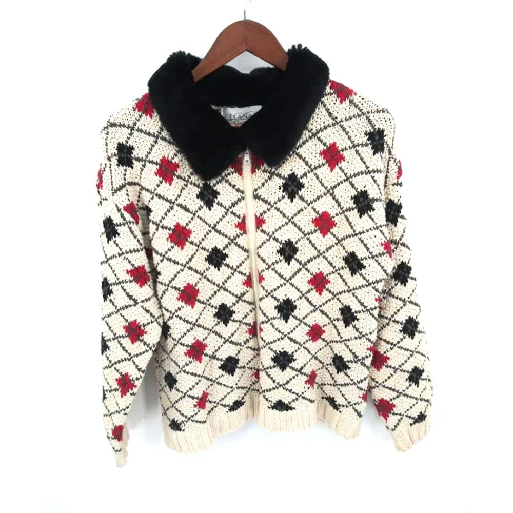 Elana Carello Cream Diamond Print Zip Front Faux Fur Collar Grandma Cardigan Med
